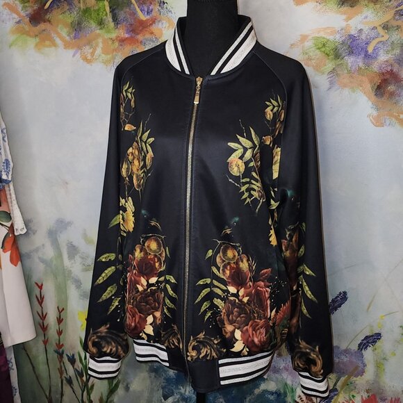 Magick Workings Jackets & Blazers - Magick Workings By WitchyWade Black Floral Bomber Jacket With Moon & Stars Desig